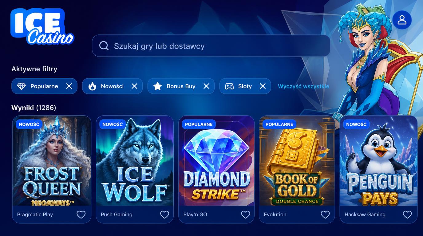 Ekran wyszukiwania i filtrów w aplikacji Ice Casino