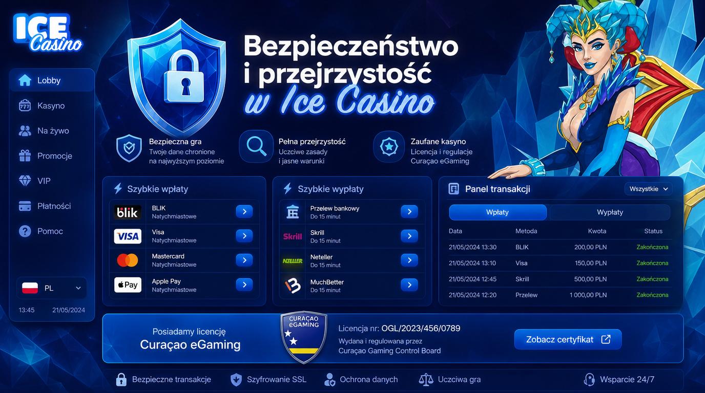 Interfejs kasyna z elementami bezpieczeństwa, certyfikatem i funkcjami wypłat.