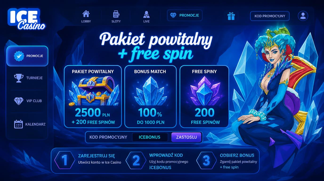 Ekran powitania z bonusem, kody promocyjne i darmowe spiny.